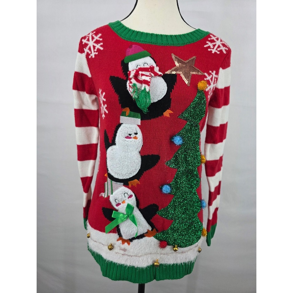 With Love Derek Womens Ugly Christmas Sweater Penguin Tree Red Striped Small